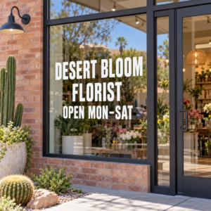 Custom cut vinyl window lettering, 1 to 3 lines, single color