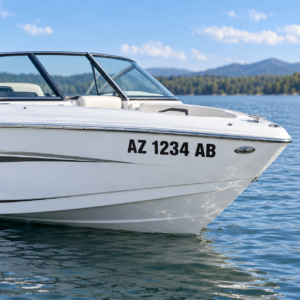 Arizona boat registration numbers, black block letters on white boat hull