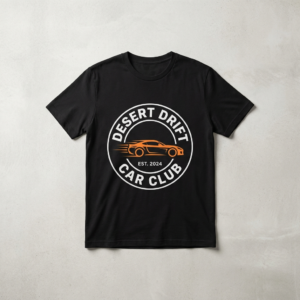 Black t-shirt with a custom car club logo printed on the chest