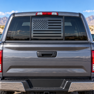 Subdued style USA flag decal on a truck sliding back window