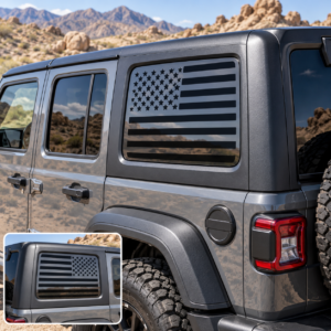 Subdued style USA flag decals on Jeep rear side windows, mirrored pair