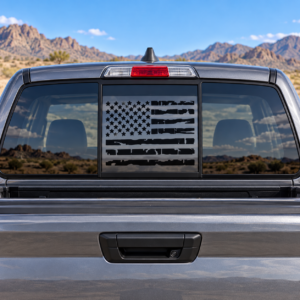 Distressed USA flag decal on a truck sliding back window