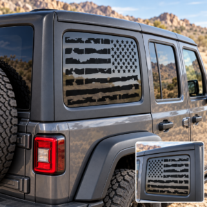 Distressed USA flag decals on Jeep rear side windows, mirrored pair