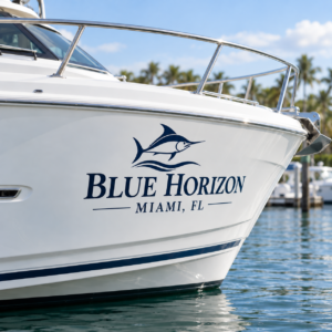 Blue Horizon boat name lettering with marlin logo, navy cut vinyl