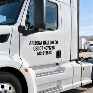 Company name, USDOT and MC number decals in black cut vinyl on a white truck door