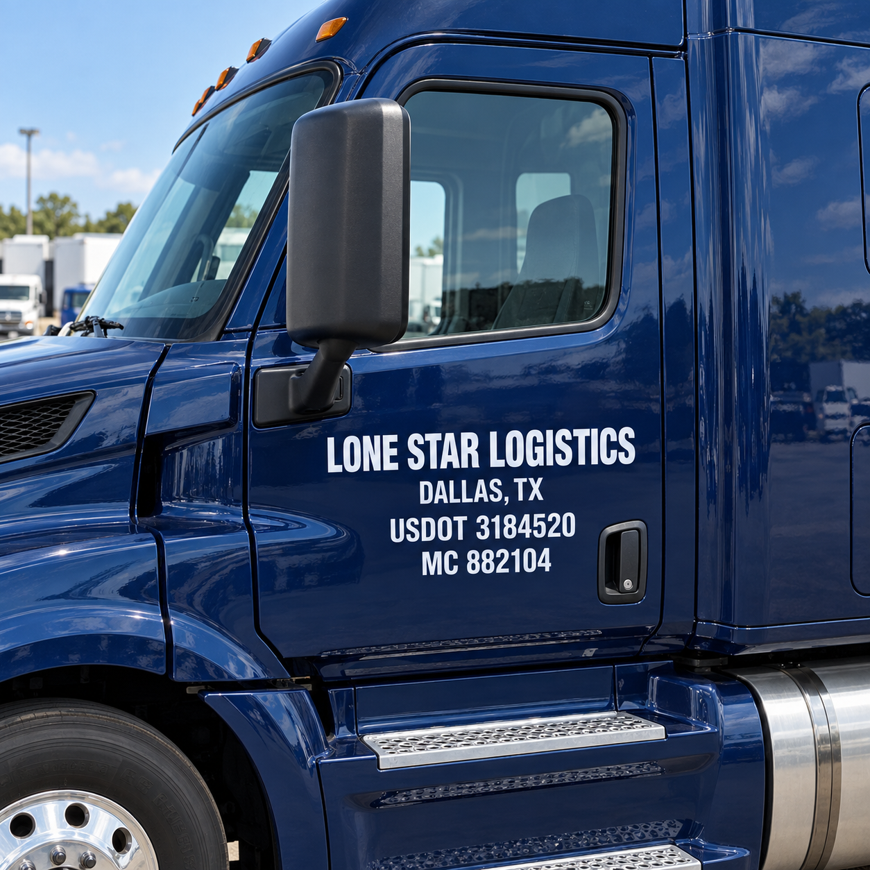 Lone Star Logistics truck door lettering with city, USDOT and MC in white cut vinyl on a navy truck