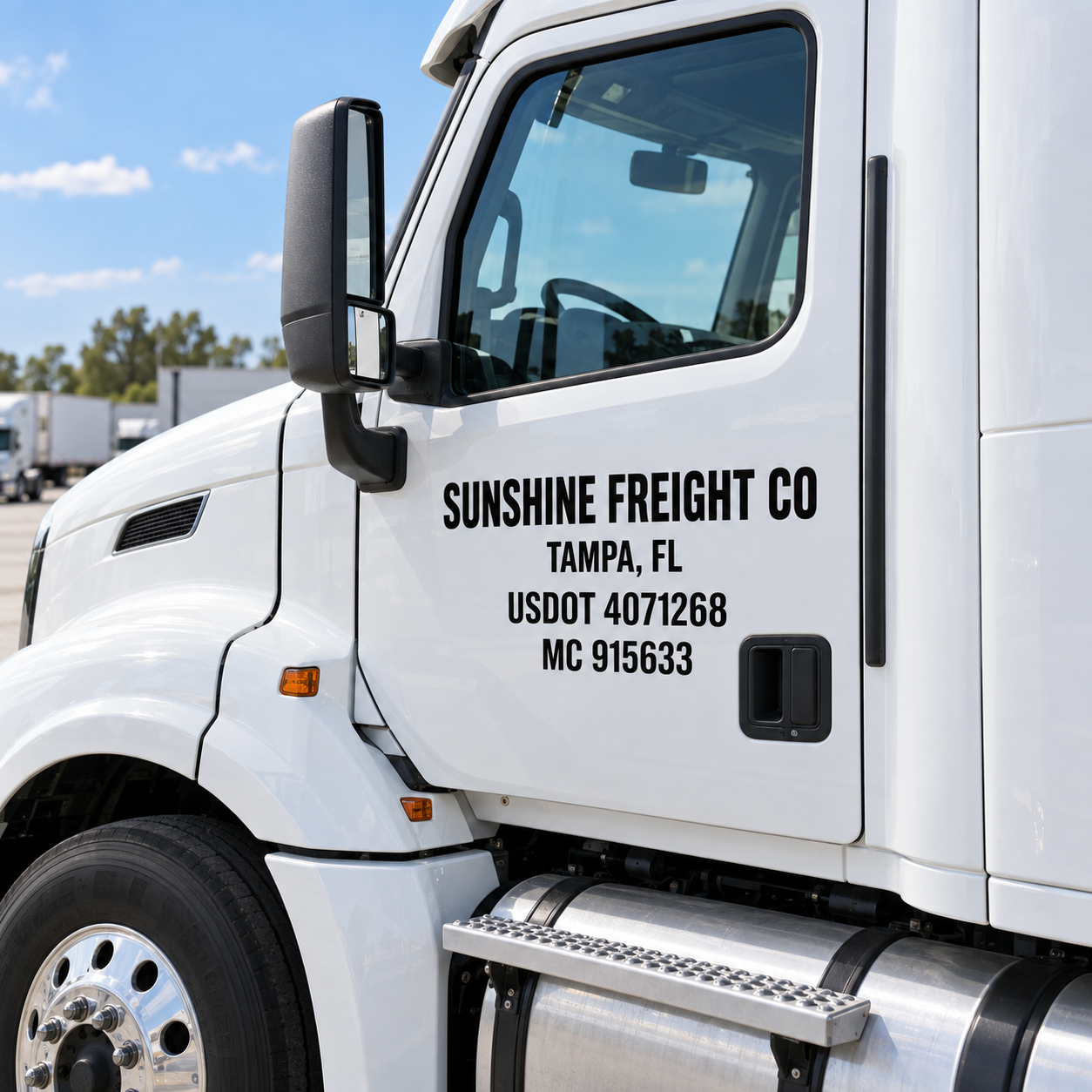 Sunshine Freight Co truck door lettering with city, USDOT and MC in black cut vinyl on a white truck