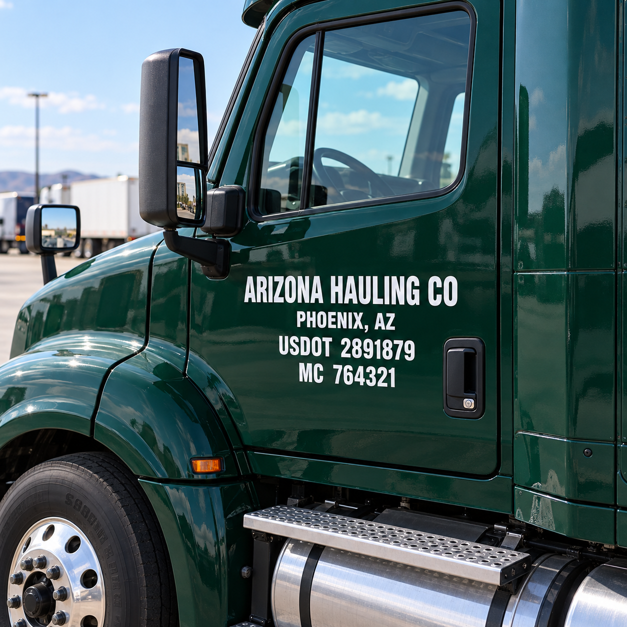 Arizona Hauling Co truck door lettering with city, USDOT and MC in white cut vinyl on a green truck