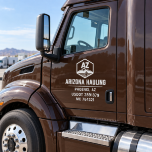 Arizona Hauling truck door with custom AZ badge logo, city, USDOT and MC in white cut vinyl on a brown truck