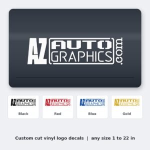 AZ Auto Graphics logo cut from white vinyl as a custom business logo decal, shown with black, red, blue and gold color options
