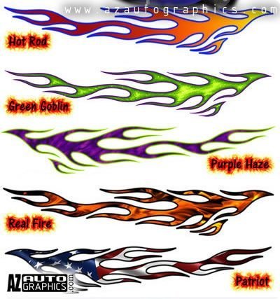 Printed flame color profiles: Hot Rod, Green Goblin, Purple Haze, Real Fire and Patriot