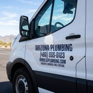 Arizona Plumbing van door lettering with business name, phone, website and license in navy cut vinyl on a white work van